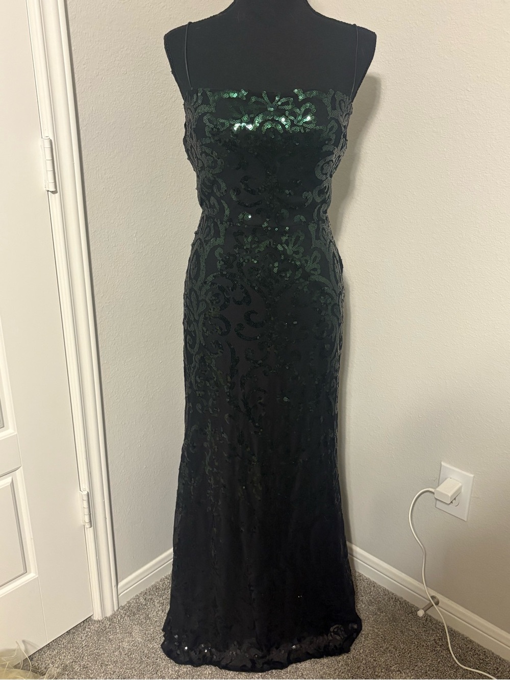 Black Sequin Strap Evening Gown